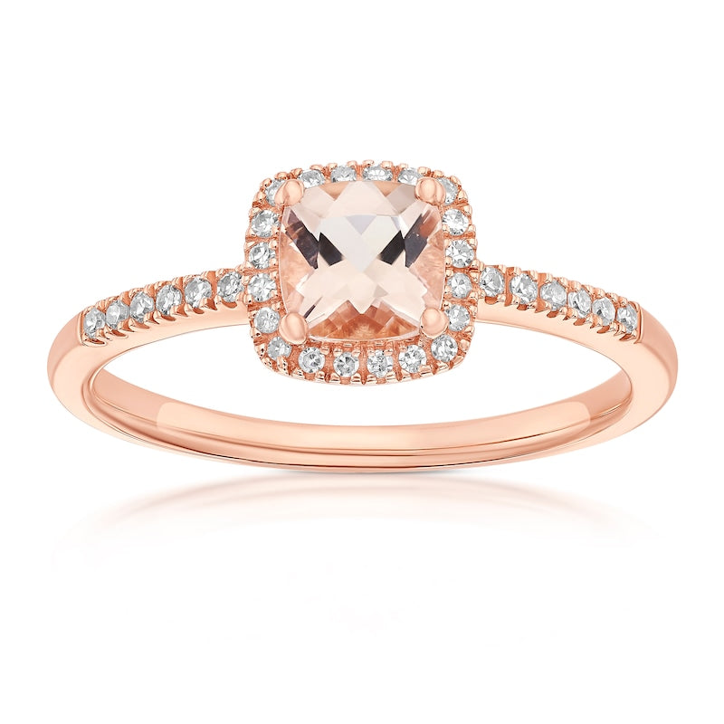 9ct Rose Gold 0.10ct Diamond & Morganite Cushion Shaped Halo Ring