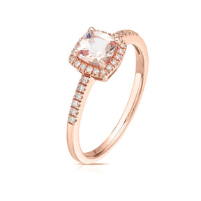 9ct Rose Gold 0.10ct Diamond & Morganite Cushion Shaped Halo Ring