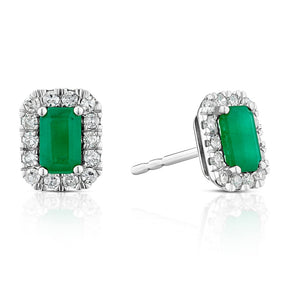 9ct White Gold Emerald & 0.20ct Diamond Halo Earrings