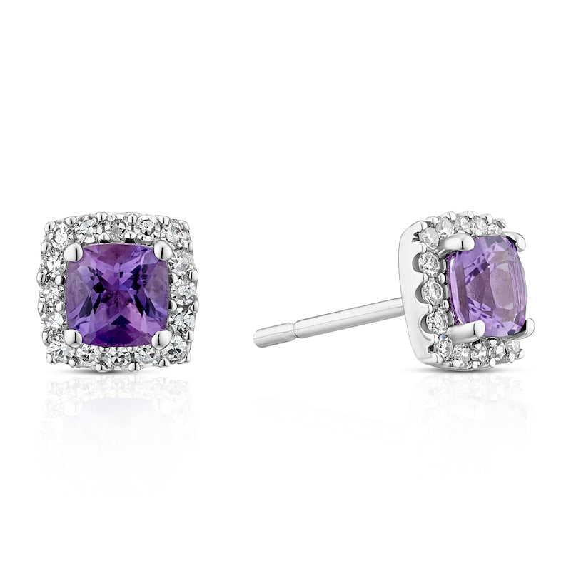 9ct White Gold 0.15ct Diamond & Amethyst Halo Earrings