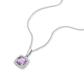 9ct White Gold 0.10ct Diamond & Amethyst Halo Pendant