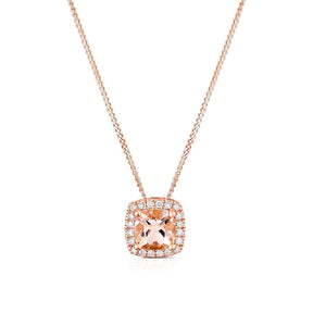 9ct Rose Gold Diamond & Morganite Cushion Shaped Halo Pendant
