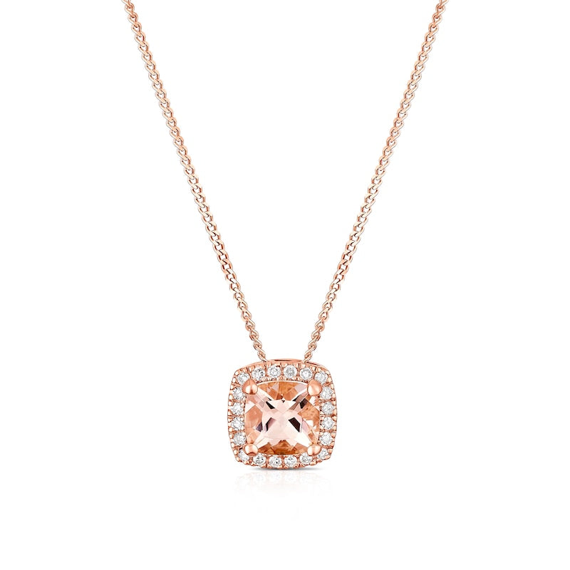 9ct Rose Gold Diamond & Morganite Cushion Shaped Halo Pendant