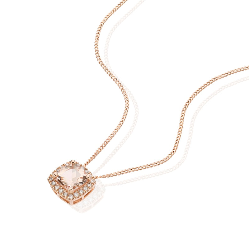 9ct Rose Gold Diamond & Morganite Cushion Shaped Halo Pendant