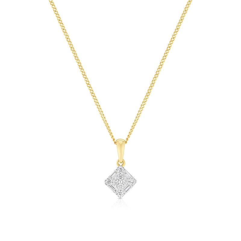 9ct Yellow Gold 18" 0.10ct Diamond Cluster Pendant Necklace