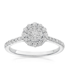 Engagement Ring 9ct White Gold Cluster Halo 0.50ct Diamond Ring