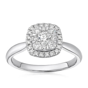 Engagement Ring 9ct White Gold Cushion Shaped Halo 0.50ct Diamond Ring