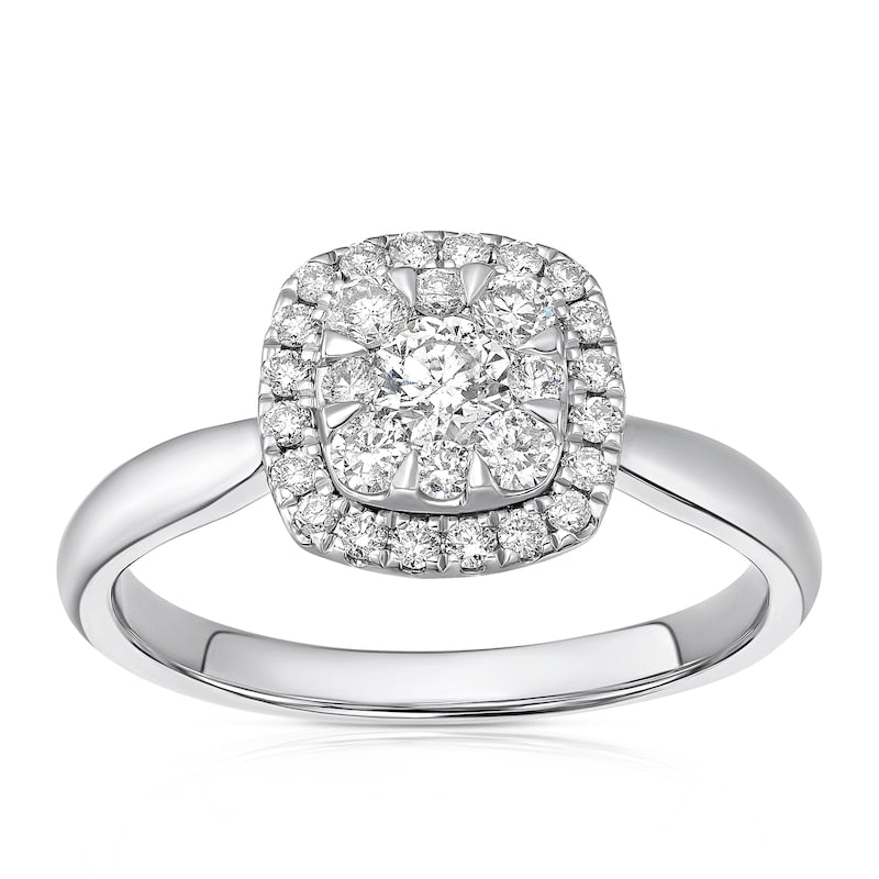 Engagement Ring 9ct White Gold Cushion Shaped Halo 0.50ct Diamond Ring