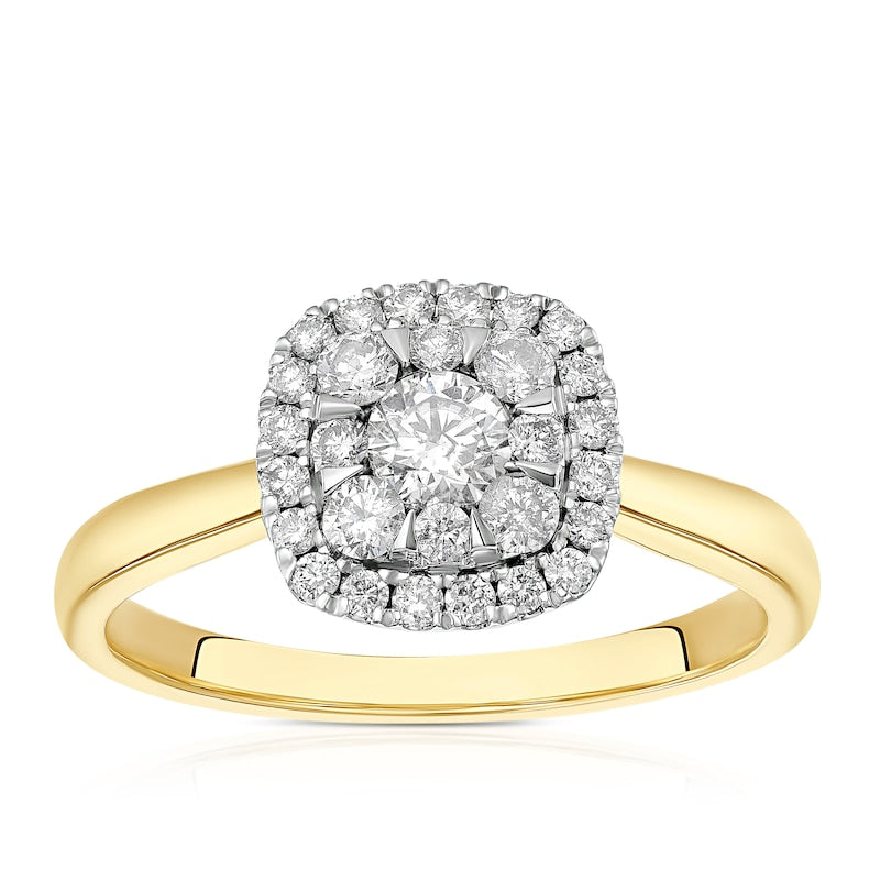 Engagement Ring 9ct Two Gold Cushion Shaped Halo 0.50ct Diamond Ring