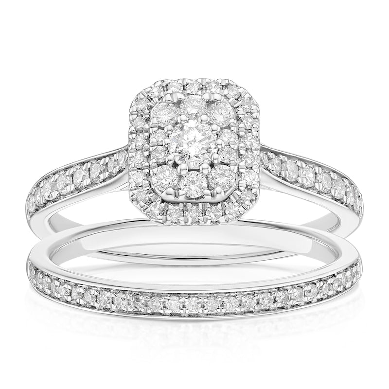 Engagement Ring 9ct White Gold Halo Bridal Set 0.50ct Diamond Ring