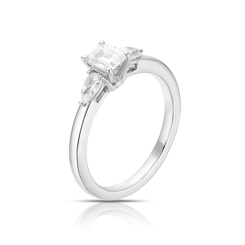 Engagement Ring Platinum Emerald & Pear Cut Trilogy 0.75ct Diamond Ring