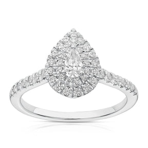 Engagement Ring 18ct White Gold & Platinum Pear Shaped Double Halo 0.50ct Diamond Ring