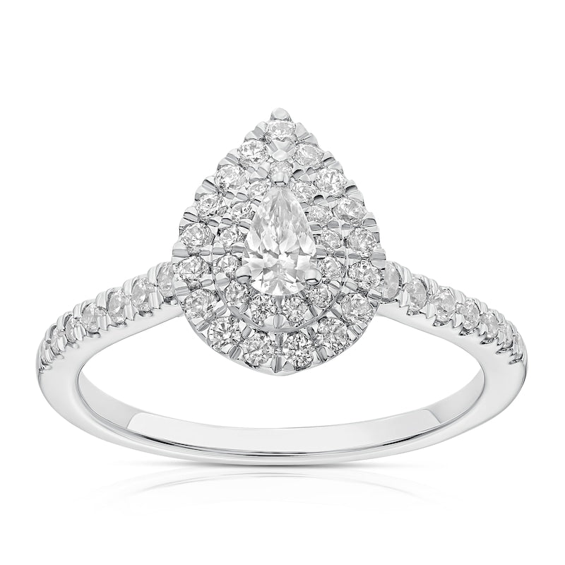Engagement Ring 18ct White Gold & Platinum Pear Shaped Double Halo 0.50ct Diamond Ring