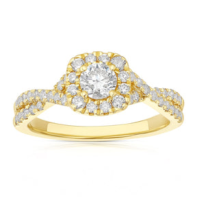Engagement Ring 18ct Yellow Gold Twisted Halo 0.75ct Diamond Ring