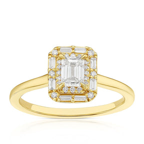 Engagement Ring 18ct Yellow Gold Emerald Shaped Double Halo 0.50ct Diamond Ring