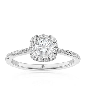 Engagement Ring The Diamond Story Platinum Cushion Shaped Halo 0.75ct Diamond Ring