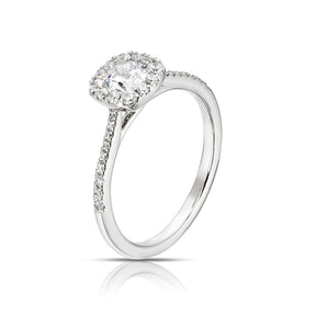 Engagement Ring The Diamond Story Platinum Cushion Shaped Halo 0.75ct Diamond Ring