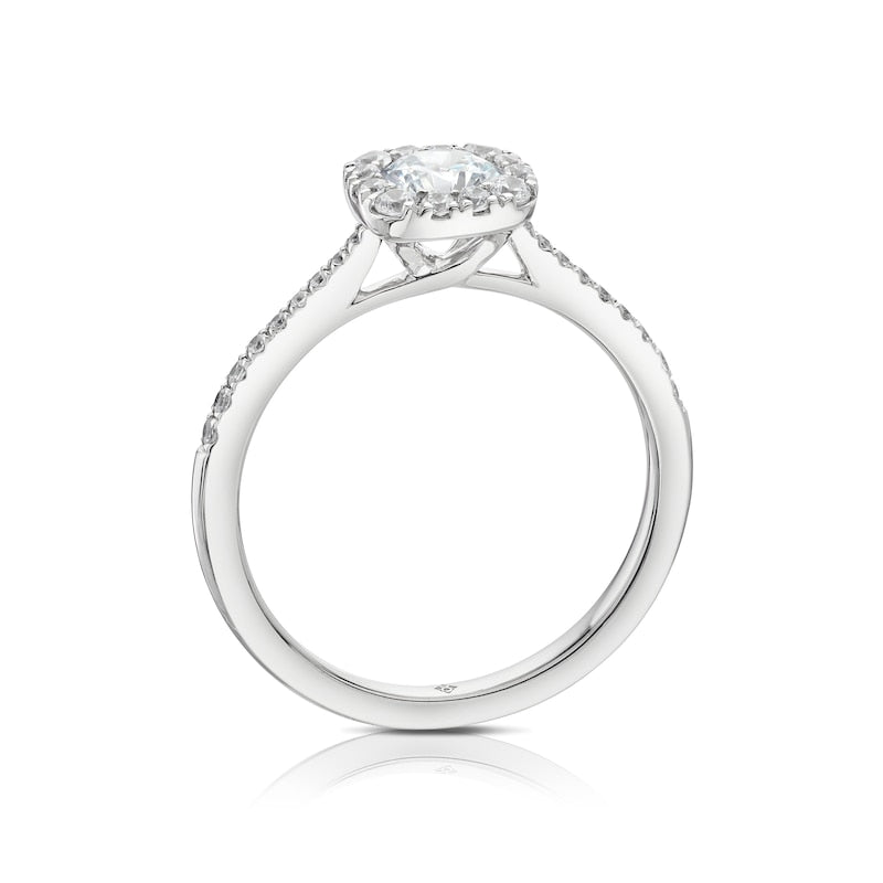 Engagement Ring The Diamond Story Platinum Cushion Shaped Halo 0.75ct Diamond Ring