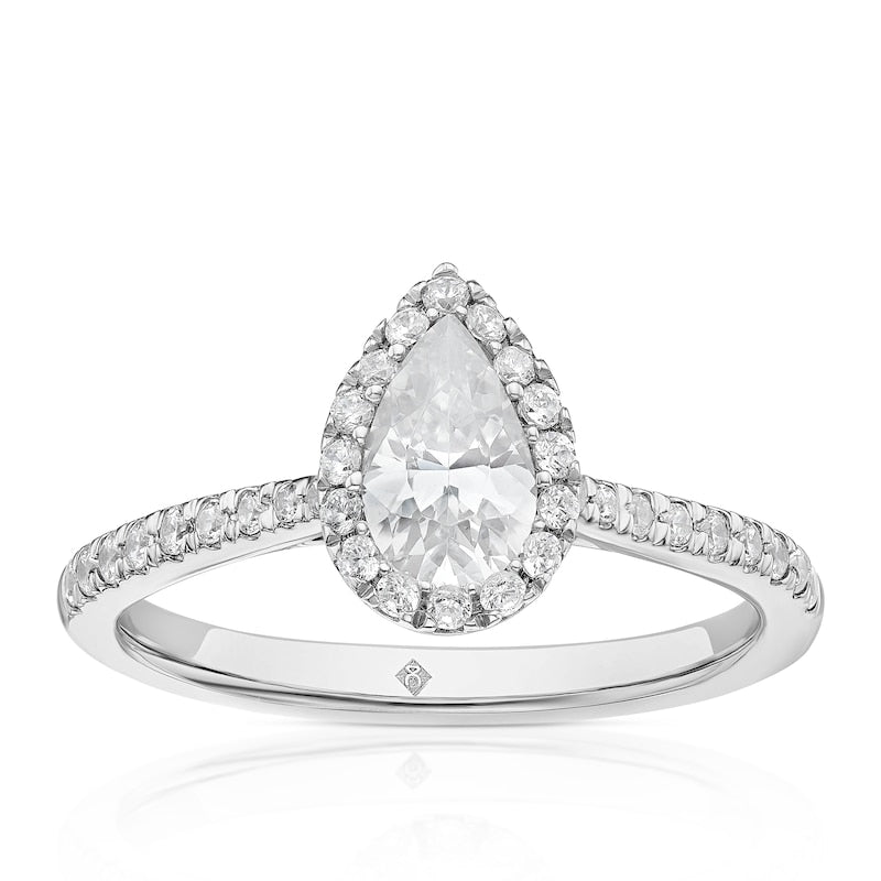 Engagement Ring The Diamond Story Platinum Pear Shaped Halo 0.75ct Diamond Ring