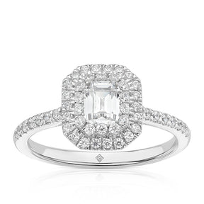 Engagement Ring The Diamond Story Platinum Emerald Shaped Double Halo 0.75ct Diamond Ring