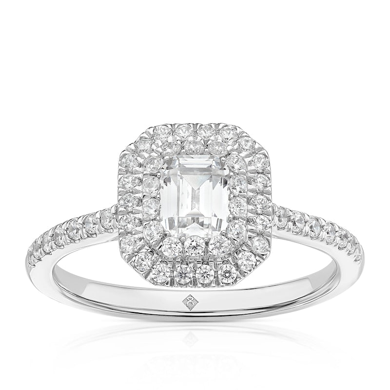 Engagement Ring The Diamond Story Platinum Emerald Shaped Double Halo 0.75ct Diamond Ring