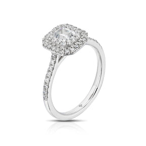 Engagement Ring The Diamond Story Platinum Emerald Shaped Double Halo 0.75ct Diamond Ring