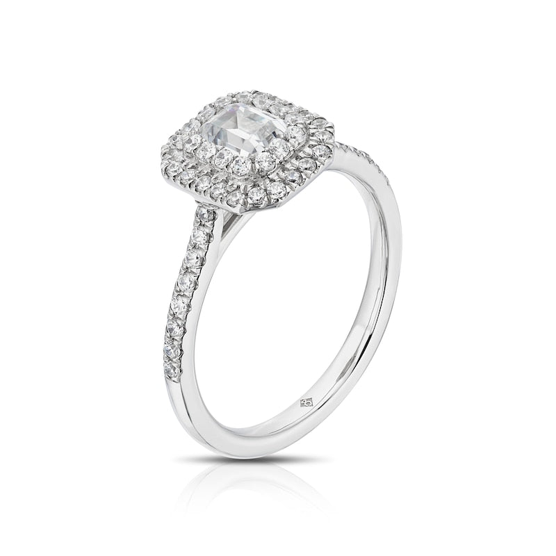 Engagement Ring The Diamond Story Platinum Emerald Shaped Double Halo 0.75ct Diamond Ring