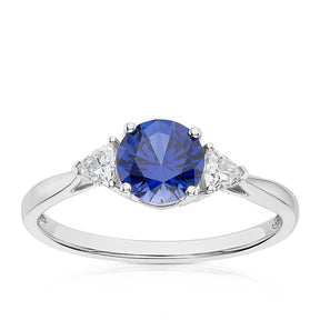 9ct White Gold Created Sapphire & Cubic Zirconia Trilogy Ring