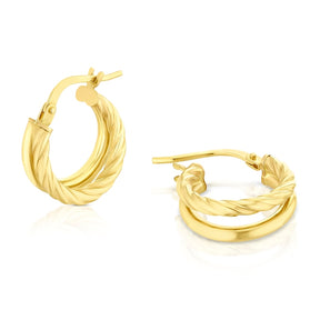 9ct Yellow Gold 10mm Double Row Huggie Hoop Earrings