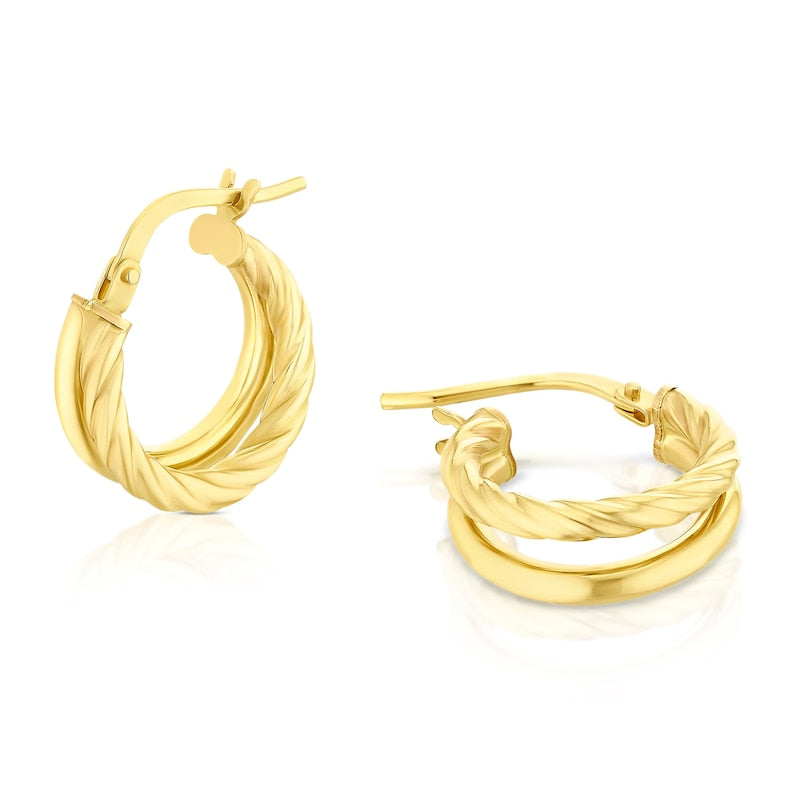 9ct Yellow Gold 10mm Double Row Huggie Hoop Earrings