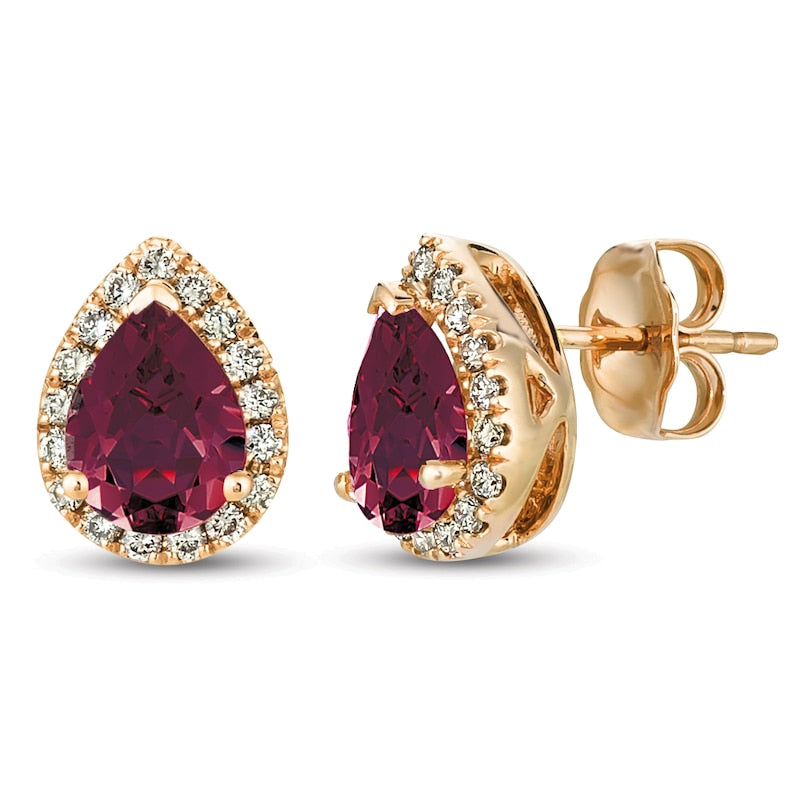 Le Vian 14ct Rose Gold 0.20ct Diamond & Raspberry Rhodolite Pear Shaped Halo Earrings
