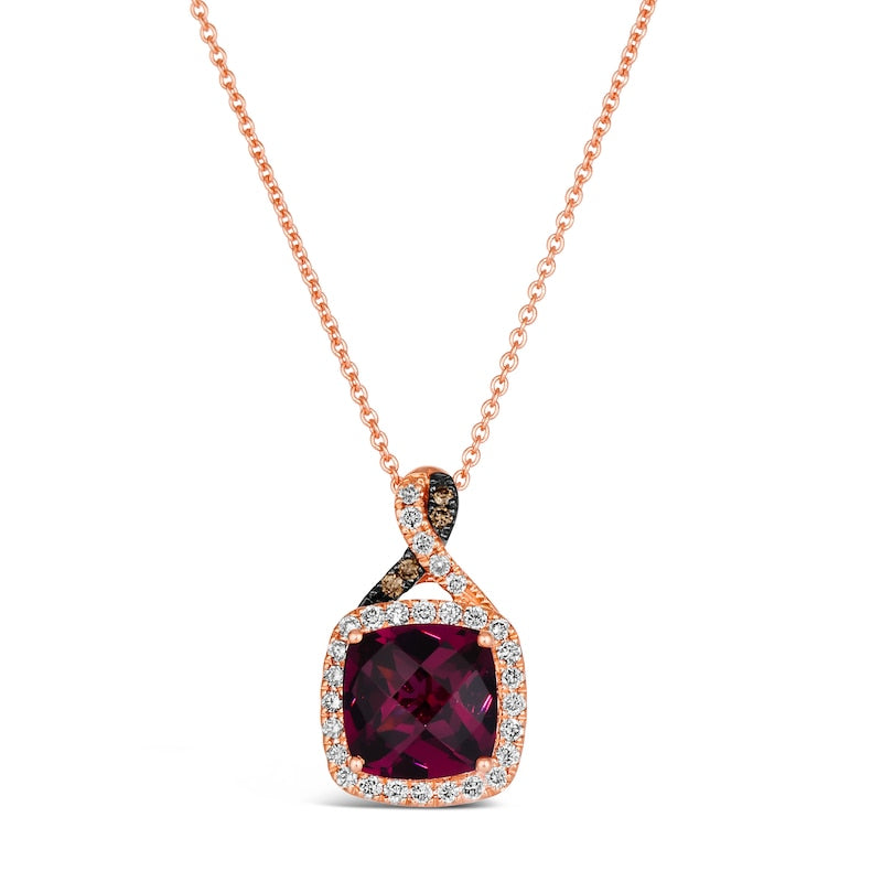 Le Vian 14ct Rose Gold 0.20ct Diamond & Raspberry Rhodolite Cushion Shaped Halo Pendant