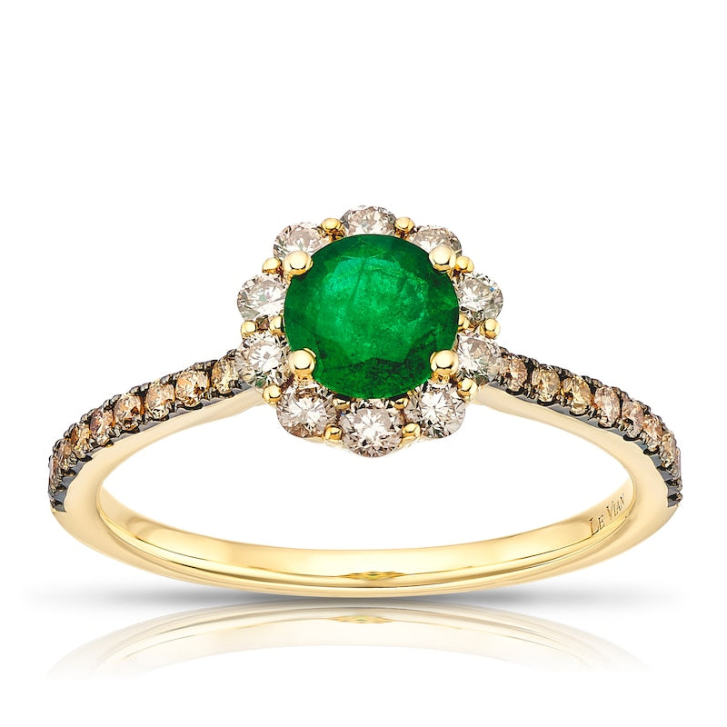 Le Vian 14ct Yellow Gold Nude Chocolate 0.50ct Diamond & Costa Smeralda Emerald Halo Ring