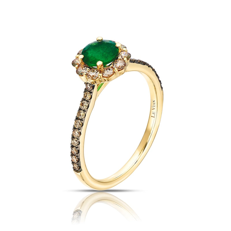 Le Vian 14ct Yellow Gold Nude Chocolate 0.50ct Diamond & Costa Smeralda Emerald Halo Ring