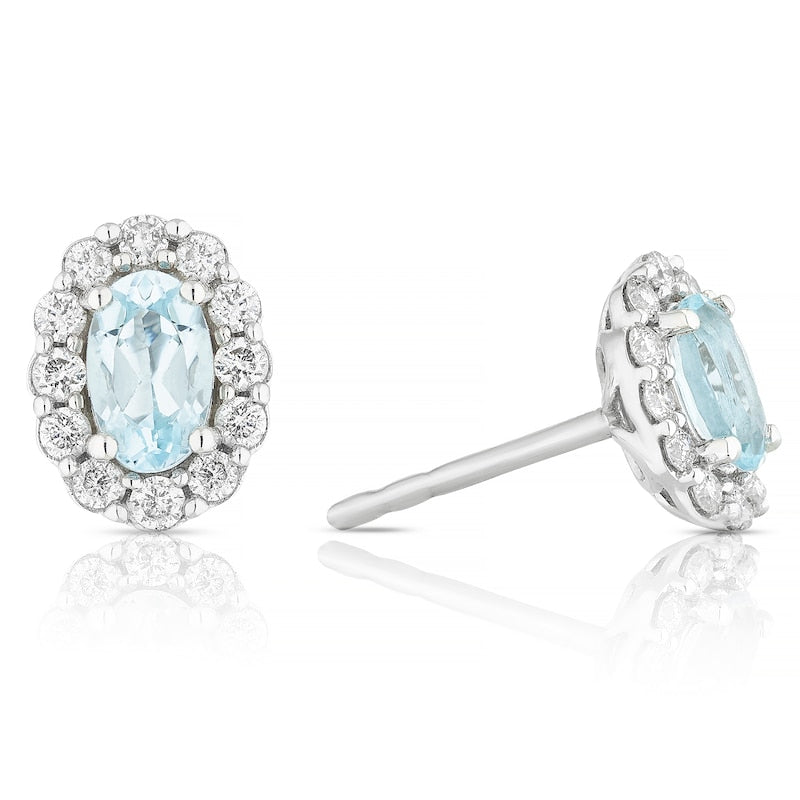 9ct White Gold 0.20ct Diamond & Aquamarine Halo Stud Earrings
