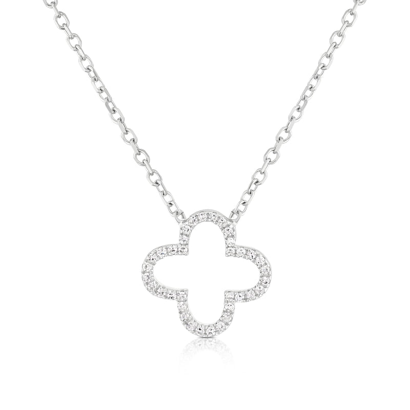 9ct White Gold 18" Diamond Open Clover Shaped Pendant Necklace