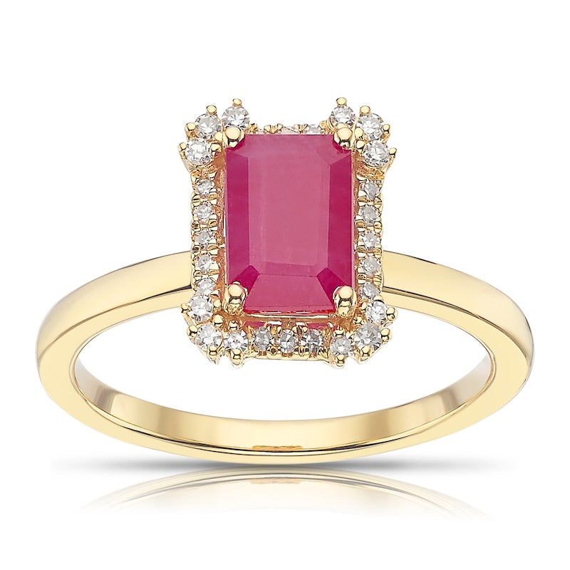 18ct Yellow Gold 0.10ct Diamond & Ruby Emerald Shaped Halo Ring