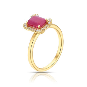 18ct Yellow Gold 0.10ct Diamond & Ruby Emerald Shaped Halo Ring