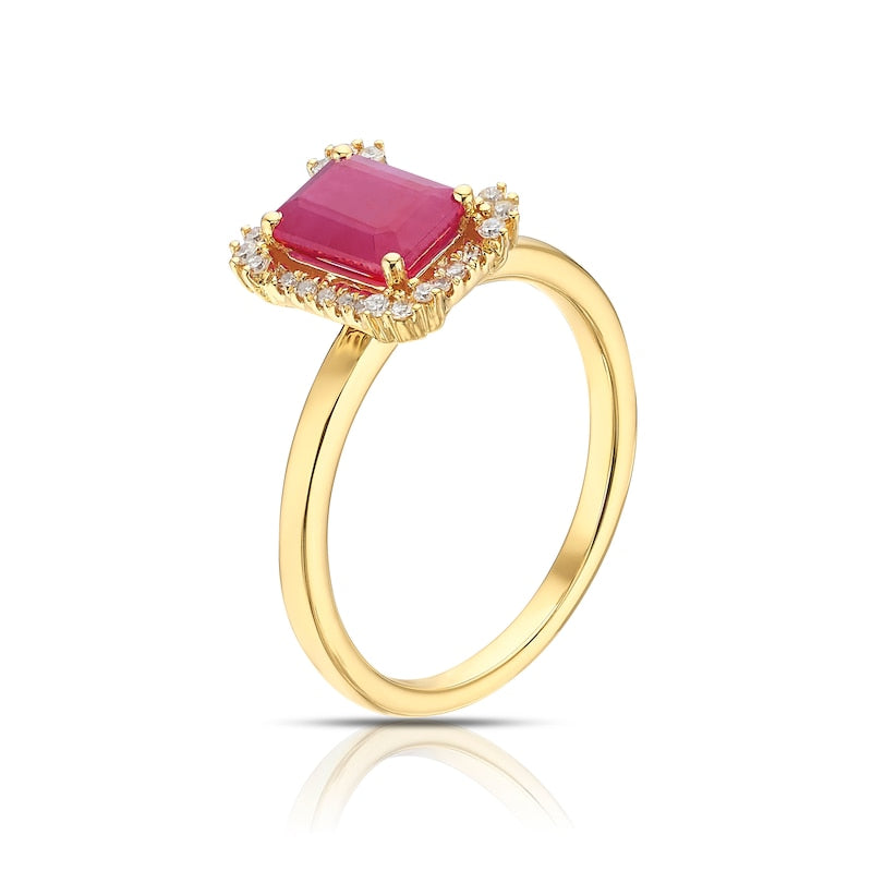 18ct Yellow Gold 0.10ct Diamond & Ruby Emerald Shaped Halo Ring