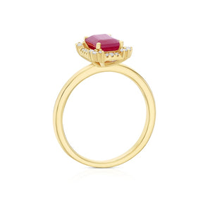 18ct Yellow Gold 0.10ct Diamond & Ruby Emerald Shaped Halo Ring