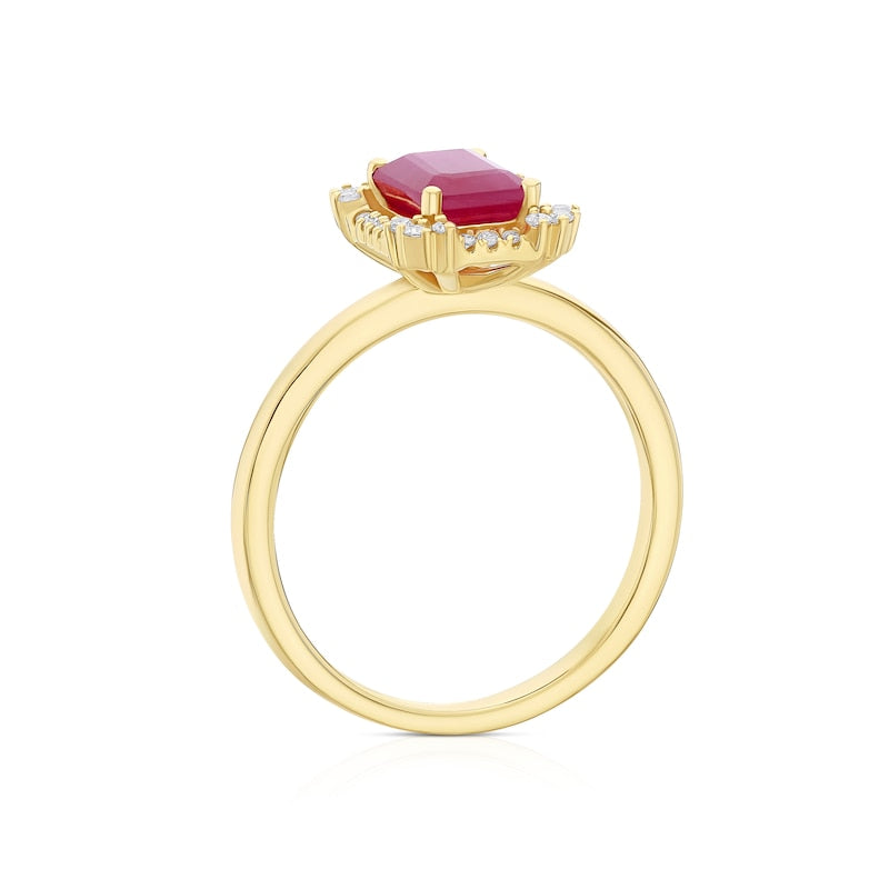 18ct Yellow Gold 0.10ct Diamond & Ruby Emerald Shaped Halo Ring