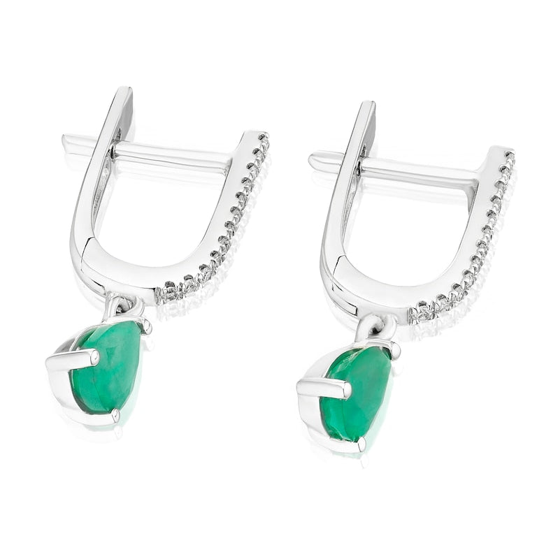 9ct White Gold Diamond & Emerald Pear Shaped Drop Earrings