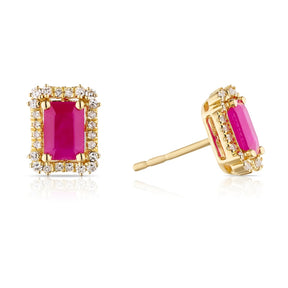 18ct Yellow Gold 0.15ct Diamond & Ruby Emerald Shaped Stud Earring