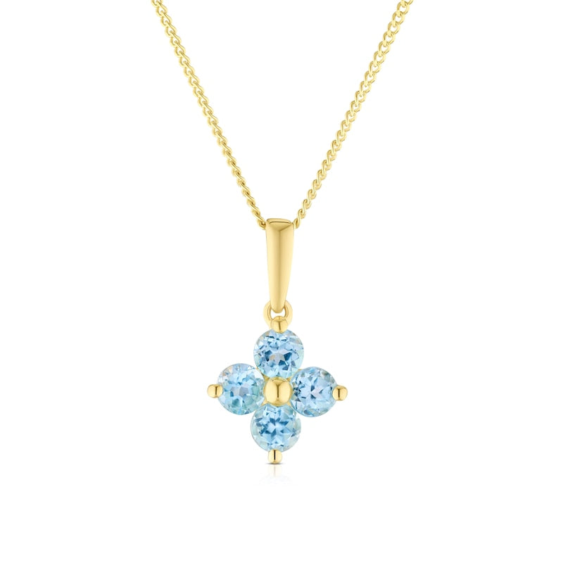 9ct Yellow Gold 16+2" Blue Topaz Flower Shaped Pendant Necklace