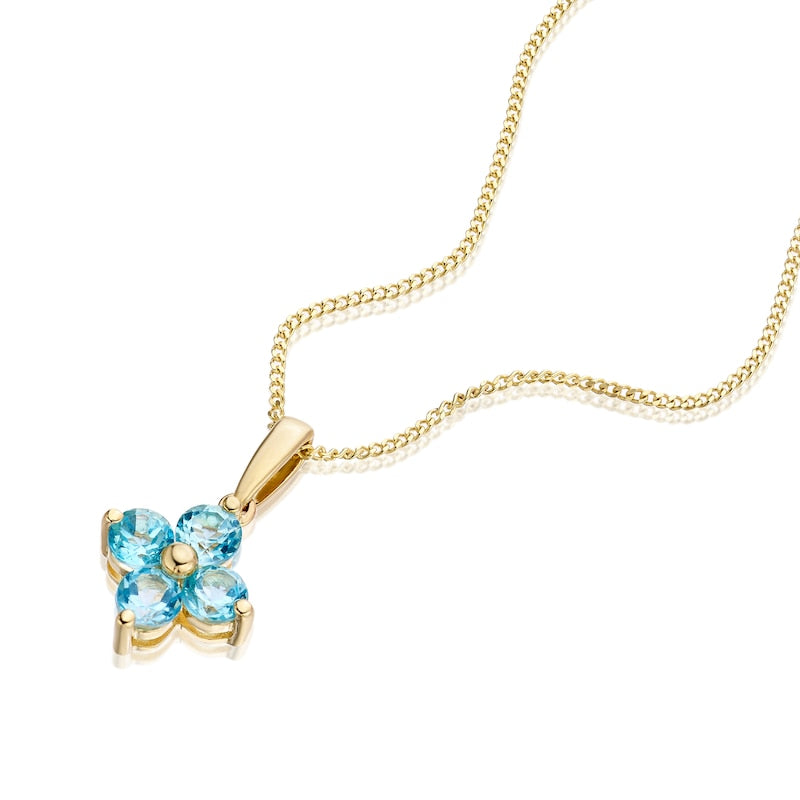 9ct Yellow Gold 16+2" Blue Topaz Flower Shaped Pendant Necklace