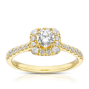 Engagement Ring 18ct Yellow Gold Cushion Shaped Halo 0.75ct Diamond Ring