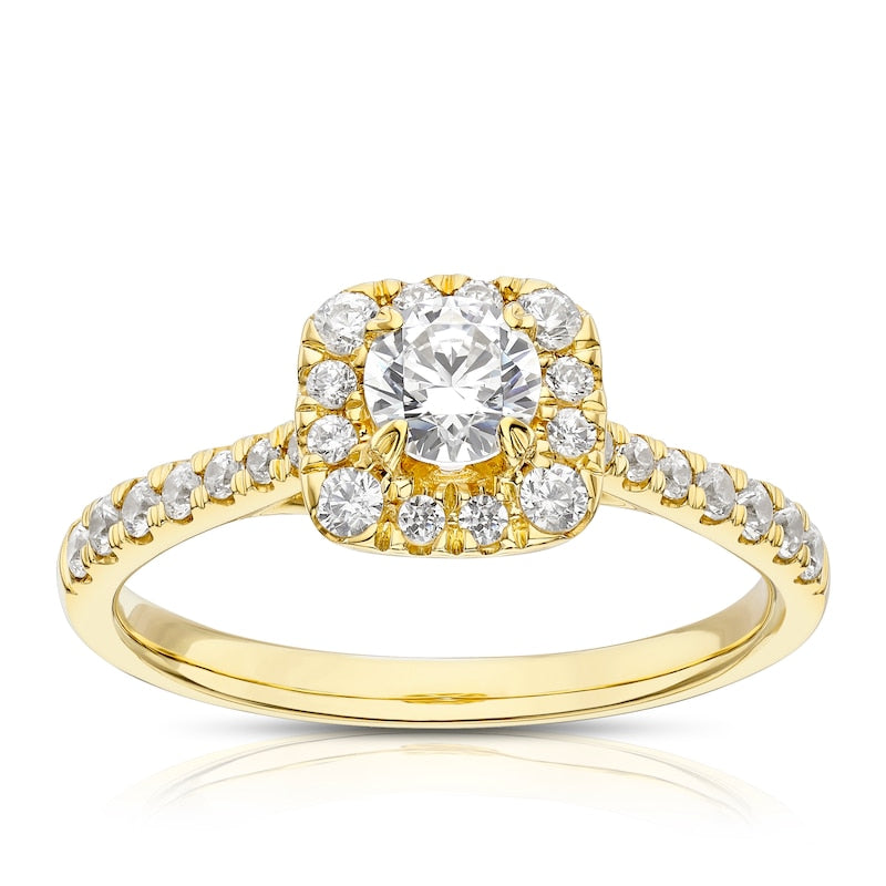 Engagement Ring 18ct Yellow Gold Cushion Shaped Halo 0.75ct Diamond Ring