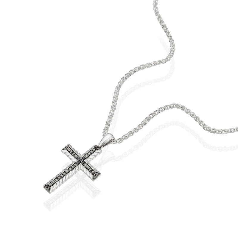 Sterling Silver & Black Spinel Woven Edge Cross Shaped Pendant