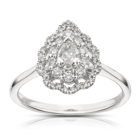 Engagement Ring 18ct White Gold Scallop Pear Shaped Double Halo 0.50ct Diamond Ring