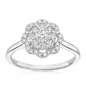 Engagement Ring 18ct White Gold Scallop Edge Double Halo 0.50ct Diamond Ring